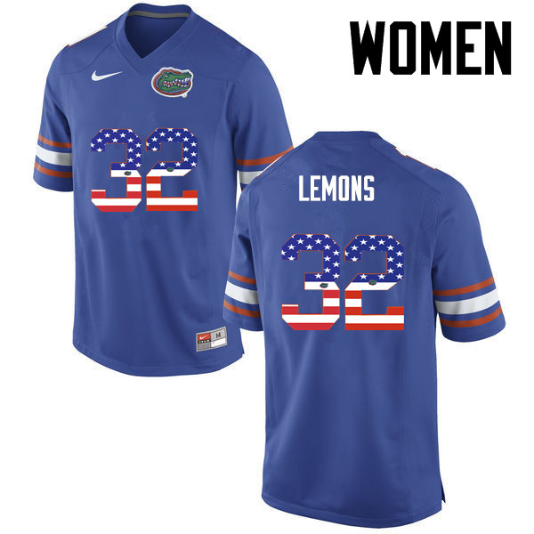 Women Florida Gators #32 Adarius Lemons College Football USA Flag Fashion Jerseys-Blue